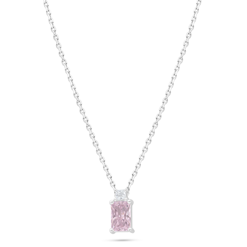 Sterling Silver 925 Necklace Rhodium Plated Embedded With Pink Zircon And White Zircon