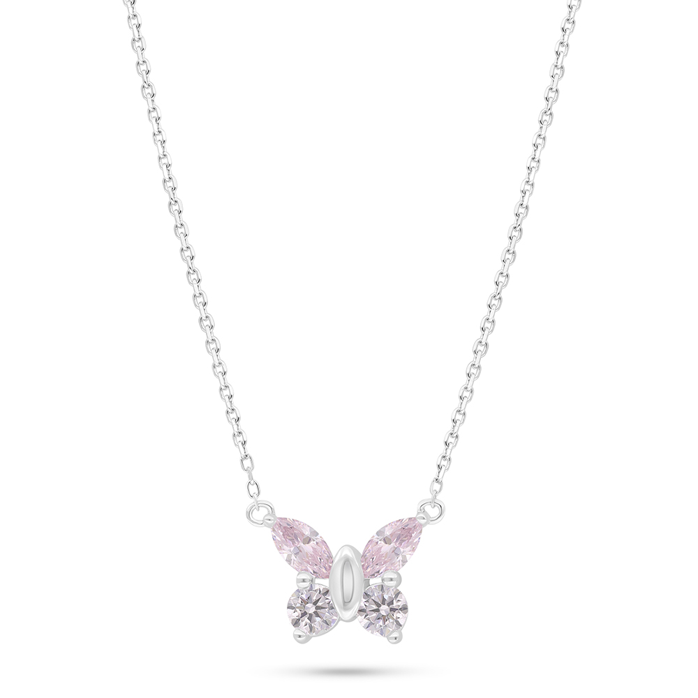 Sterling Silver 925 Necklace Rhodium Plated Embedded With Pink Zircon And White Zircon