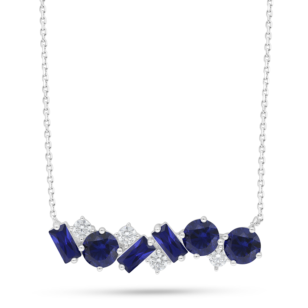Sterling Silver 925 Necklace Rhodium Plated Embedded With Sapphire Corundum And White Zircon