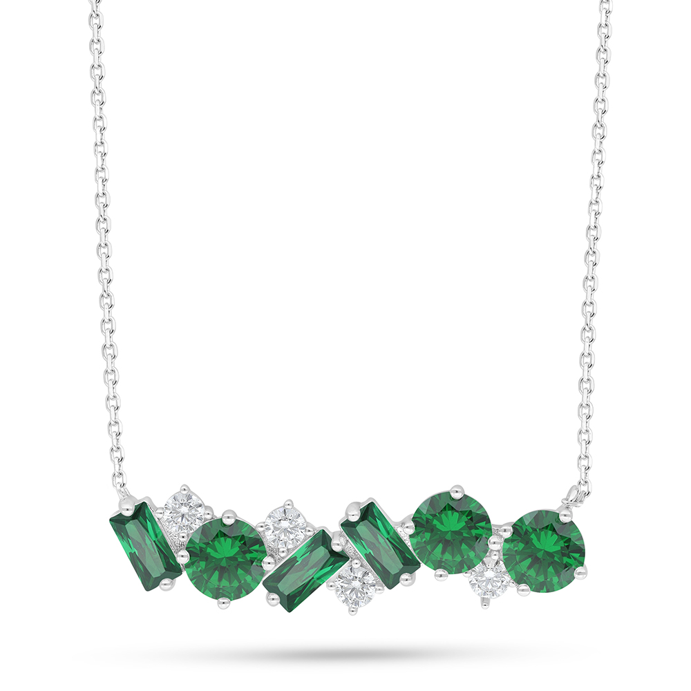 Sterling Silver 925 Necklace Rhodium Plated Embedded With Emerald Zircon And White Zircon