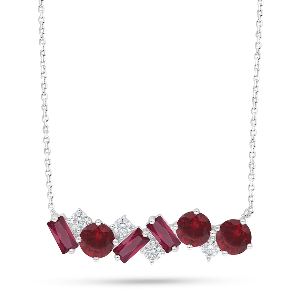 Sterling Silver 925 Necklace Rhodium Plated Embedded With Ruby Corundum And White Zircon