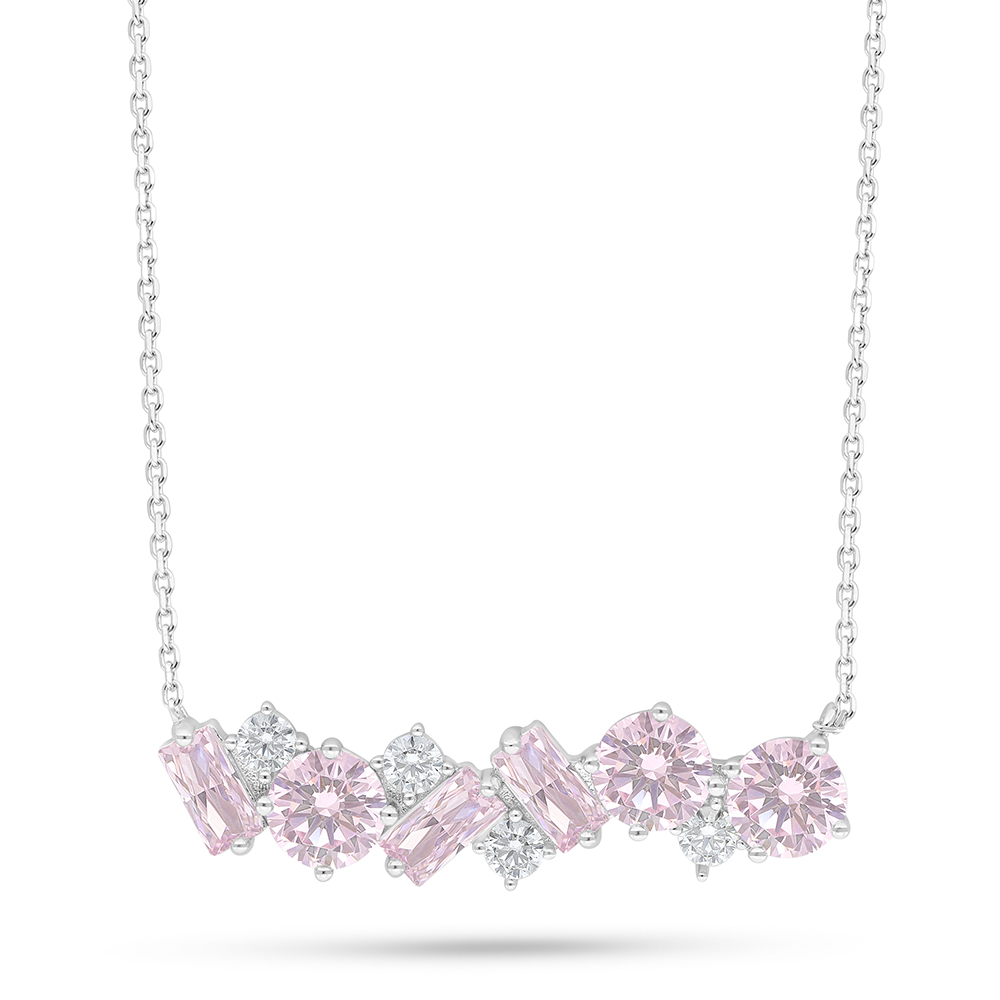 Sterling Silver 925 Necklace Rhodium Plated Embedded With Pink Zircon And White Zircon