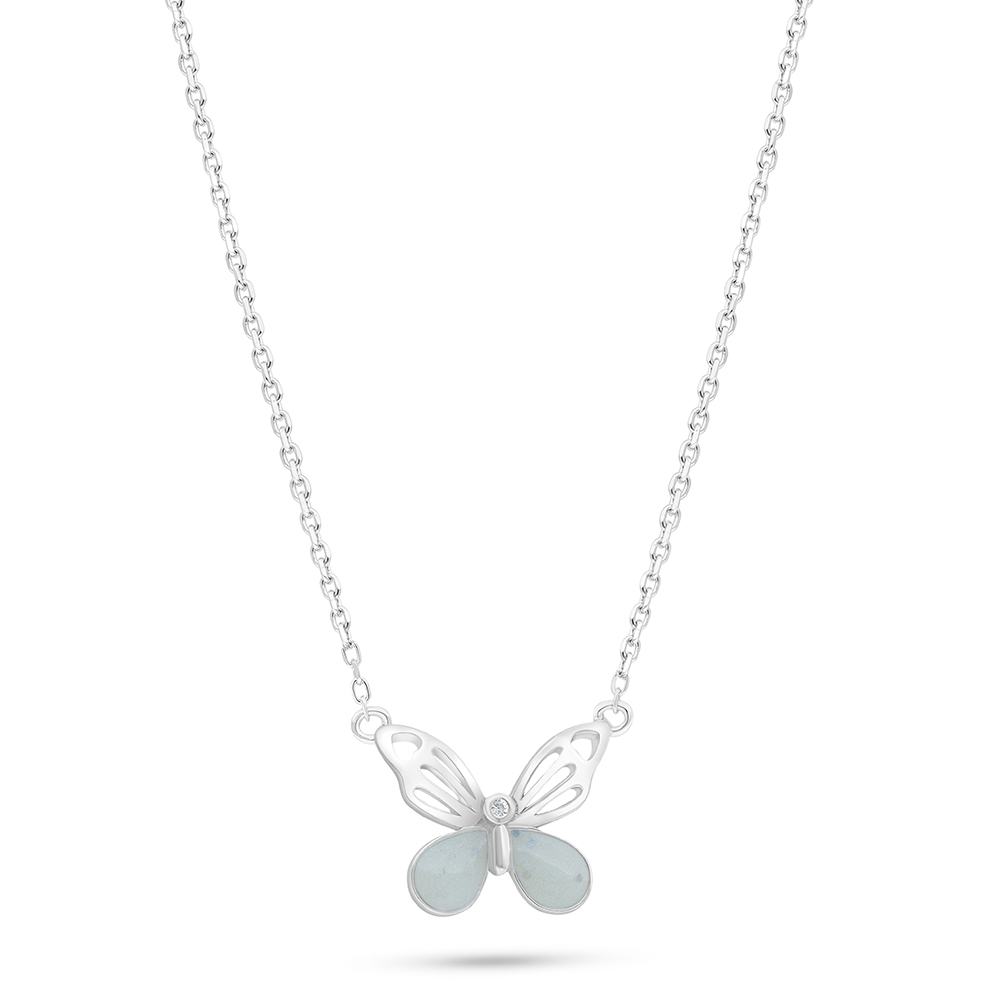Sterling Silver 925 Necklace Rhodium Plated Embedded With White Shell And White Zircon