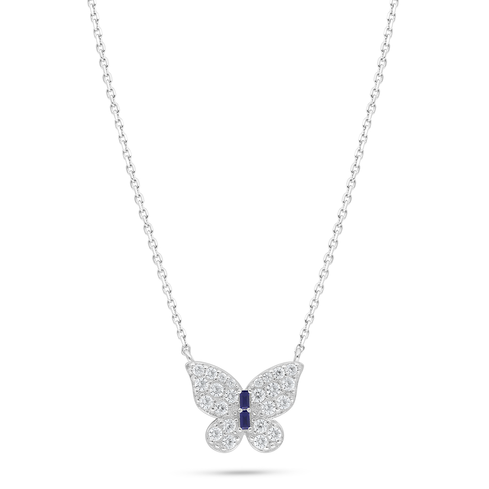 Sterling Silver 925 Necklace Rhodium Plated Embedded With Sapphire Corundum And White Zircon