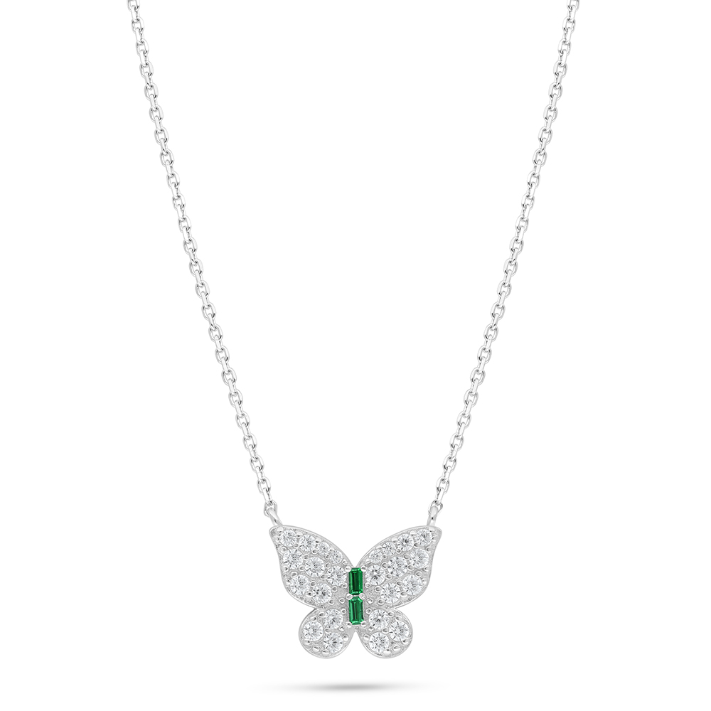 Sterling Silver 925 Necklace Rhodium Plated Embedded With Emerald Zircon And White Zircon