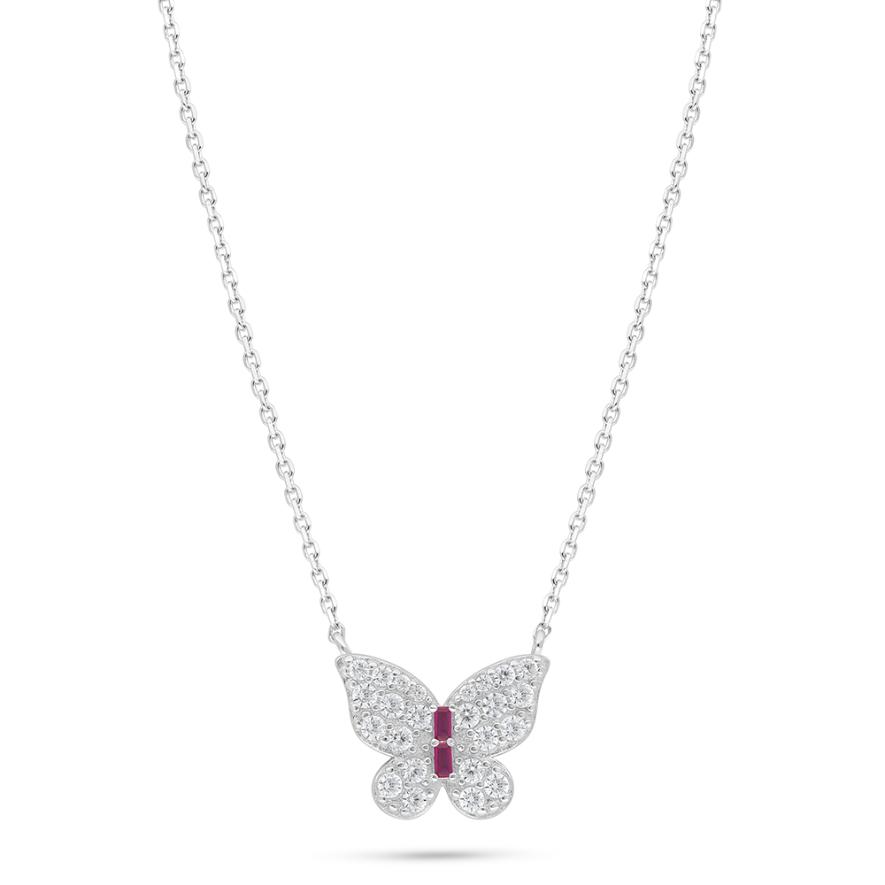 Sterling Silver 925 Necklace Rhodium Plated Embedded With Ruby Corundum And White Zircon