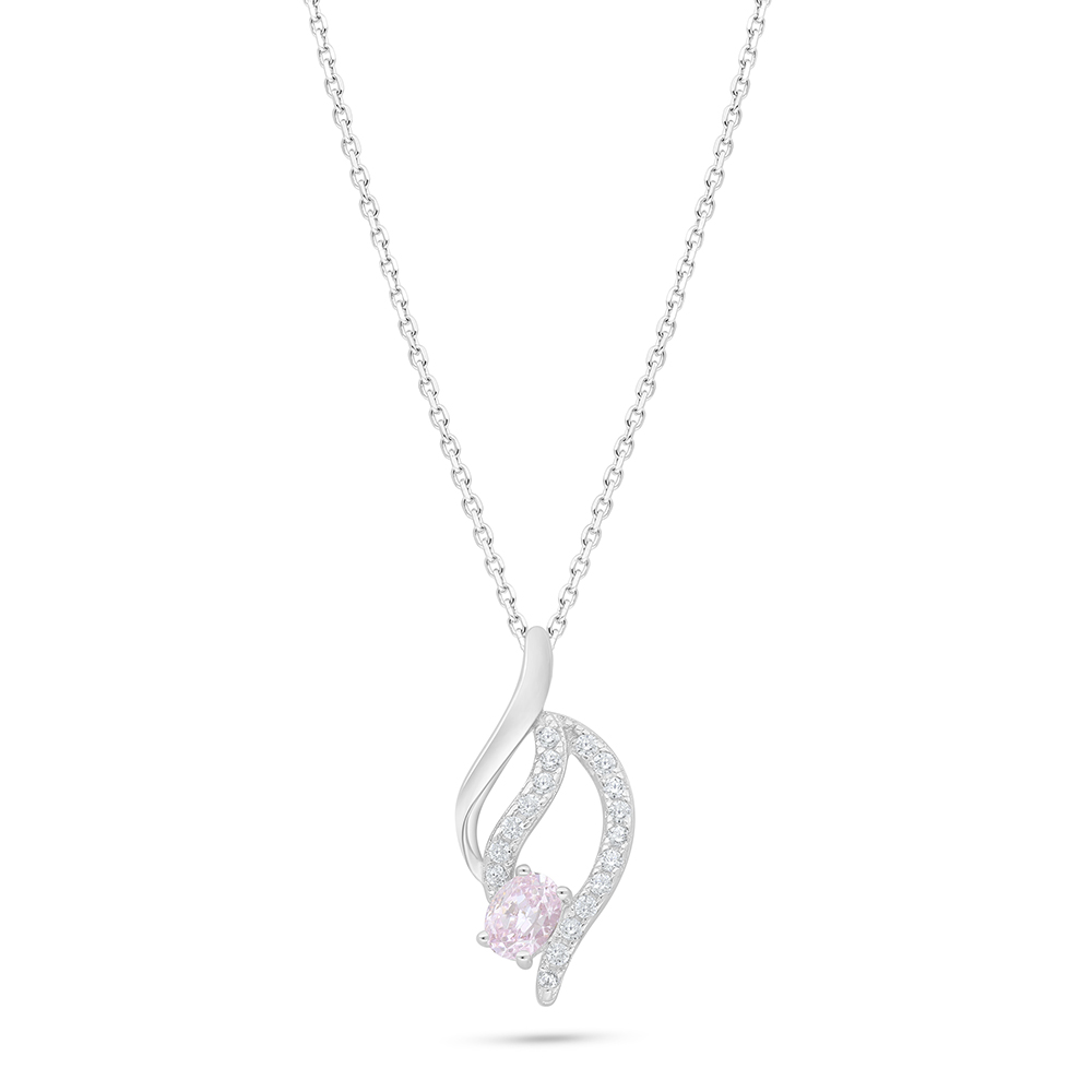 Sterling Silver 925 Necklace Rhodium Plated Embedded With Pink Zircon And White Zircon