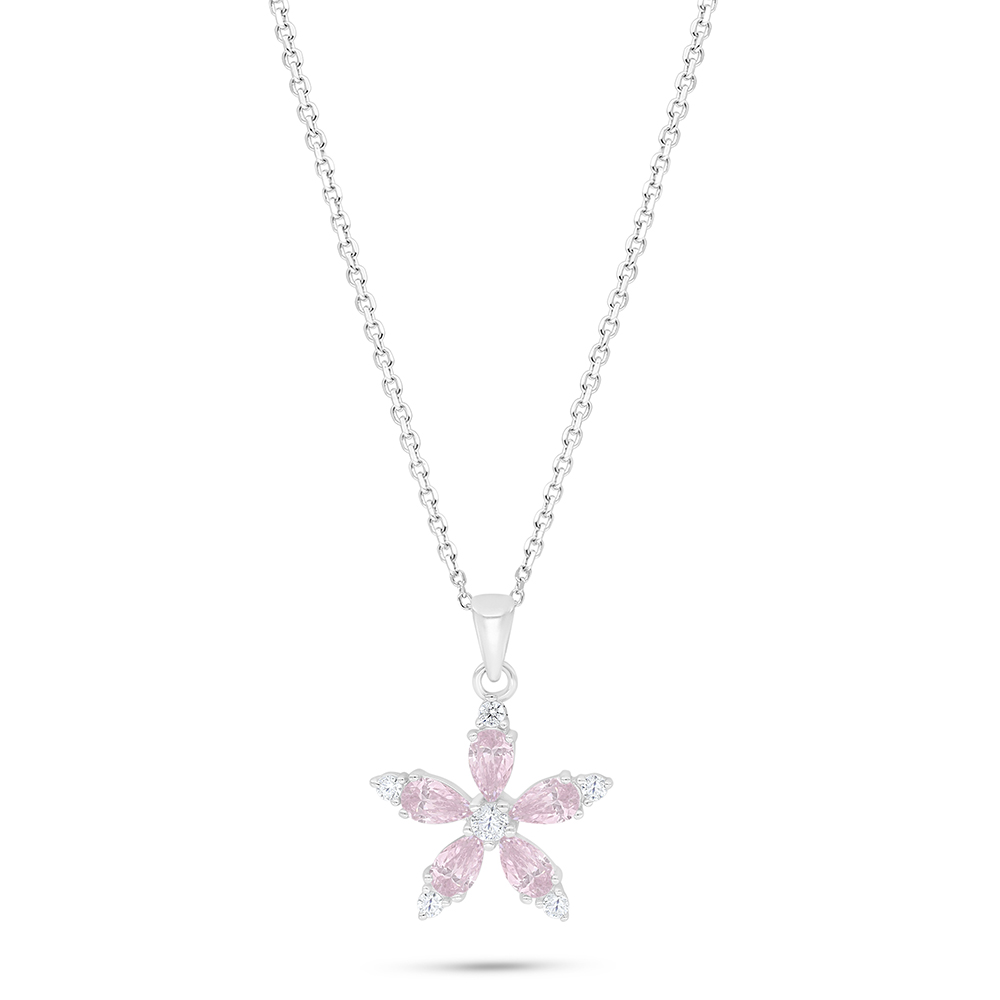 Sterling Silver 925 Necklace Rhodium Plated Embedded With Pink Zircon And White Zircon