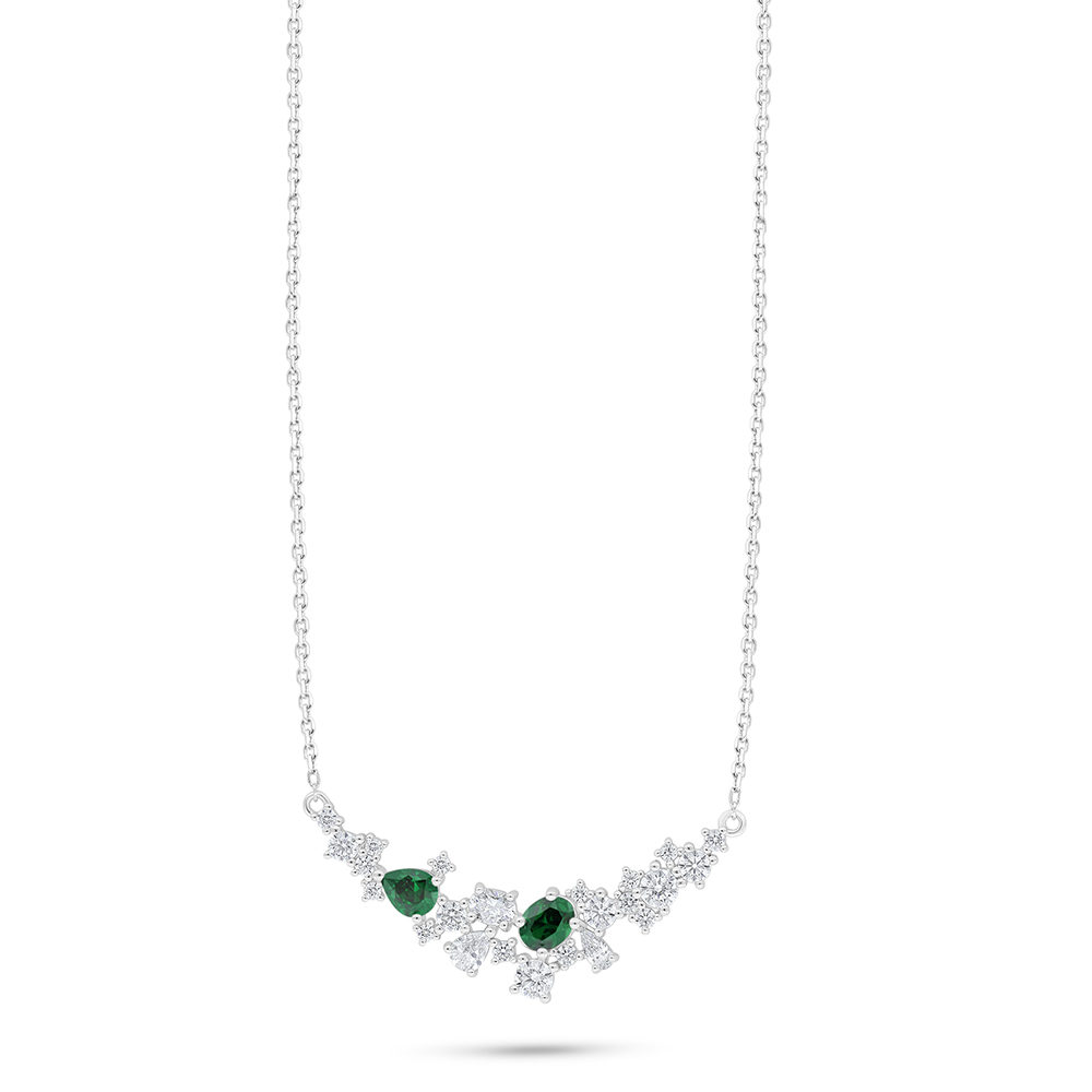 Sterling Silver 925 Necklace Rhodium Plated Embedded With Emerald Zircon And White Zircon