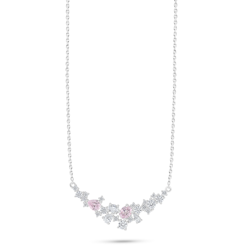 Sterling Silver 925 Necklace Rhodium Plated Embedded With Pink Zircon And White Zircon