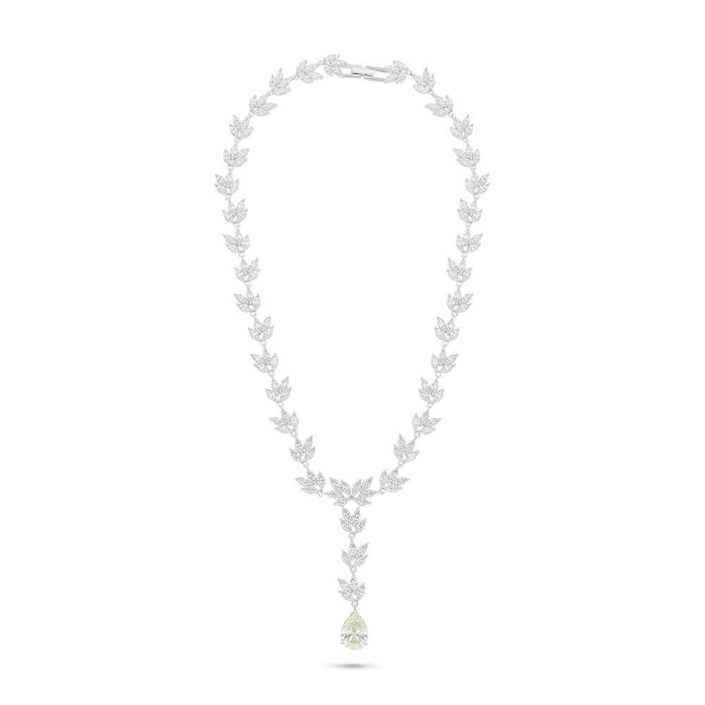 Sterling Silver 925 Necklace Rhodium Plated Embedded With Yellow Diamond And White Zircon