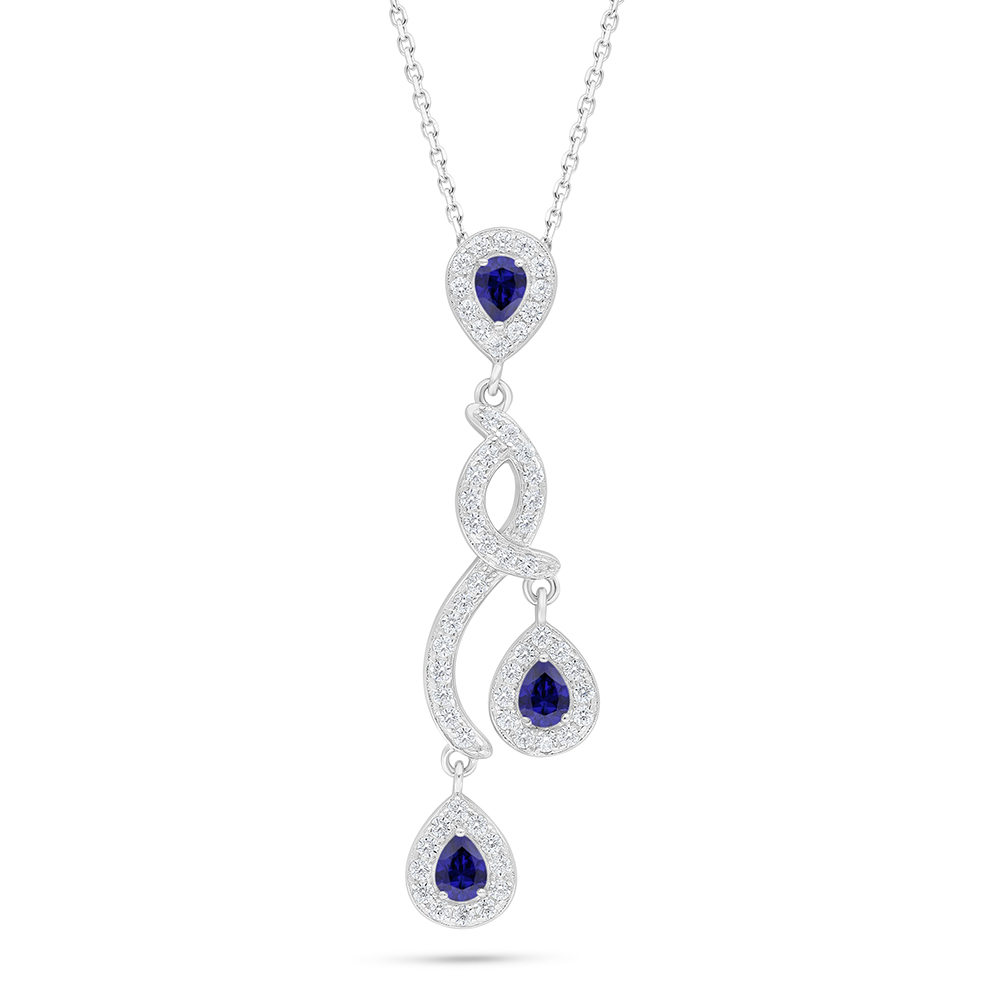 Sterling Silver 925 Necklace Rhodium Plated Embedded With Sapphire Corundum And White Zircon