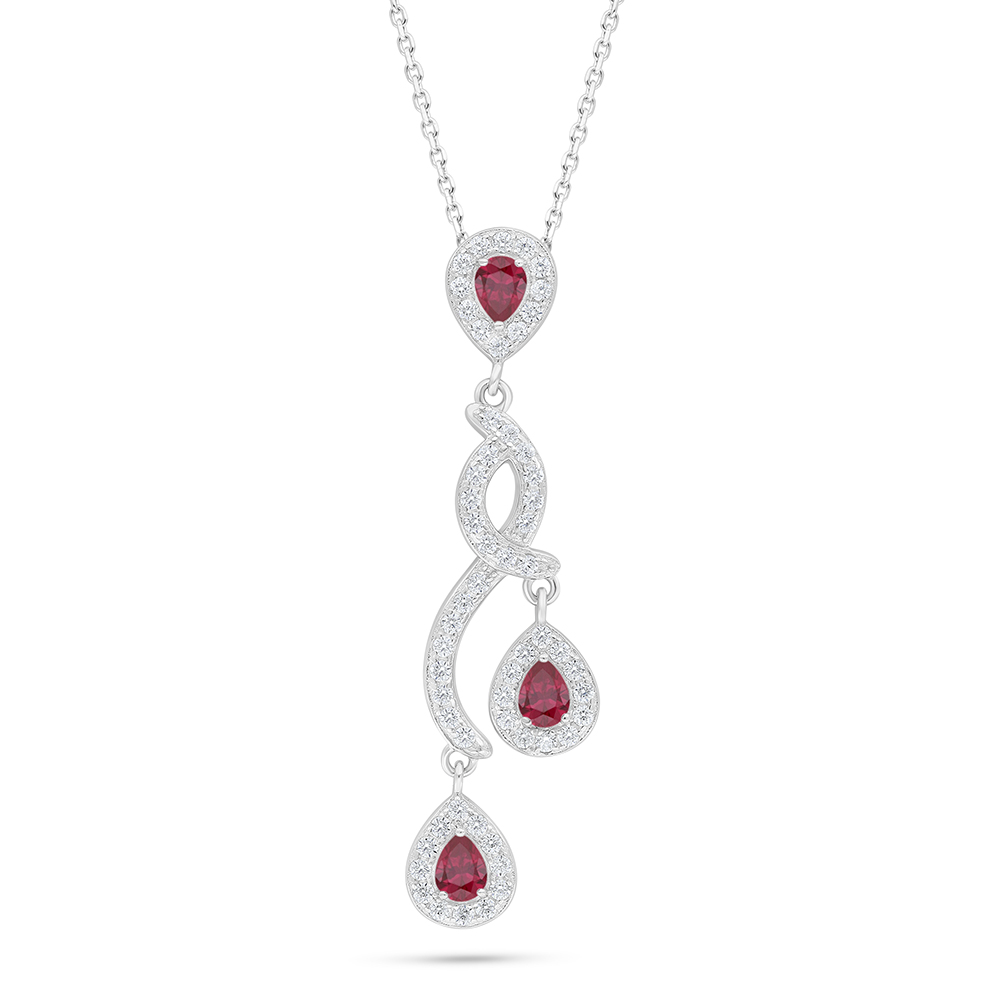 Sterling Silver 925 Necklace Rhodium Plated Embedded With Ruby Corundum And White Zircon