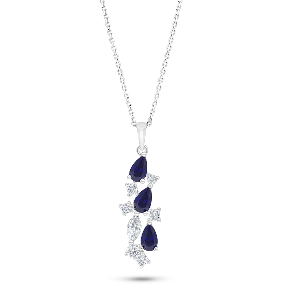 Sterling Silver 925 Necklace Rhodium Plated Embedded With Sapphire Corundum And White Zircon