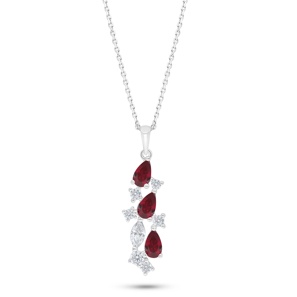 Sterling Silver 925 Necklace Rhodium Plated Embedded With Ruby Corundum And White Zircon