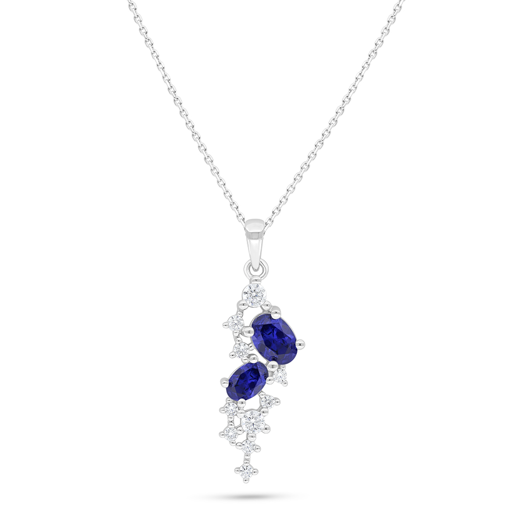 Sterling Silver 925 Necklace Rhodium Plated Embedded With Sapphire Corundum And White Zircon
