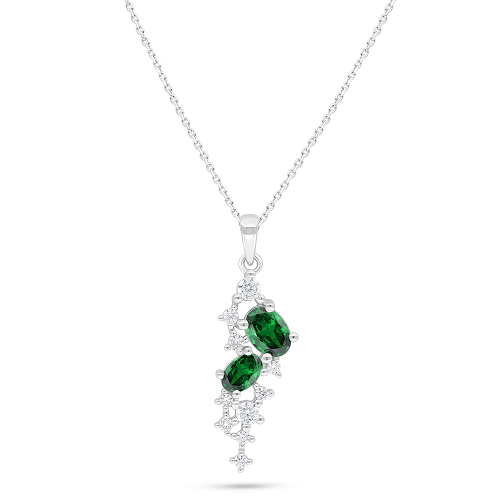 Sterling Silver 925 Necklace Rhodium Plated Embedded With Emerald Zircon And White Zircon