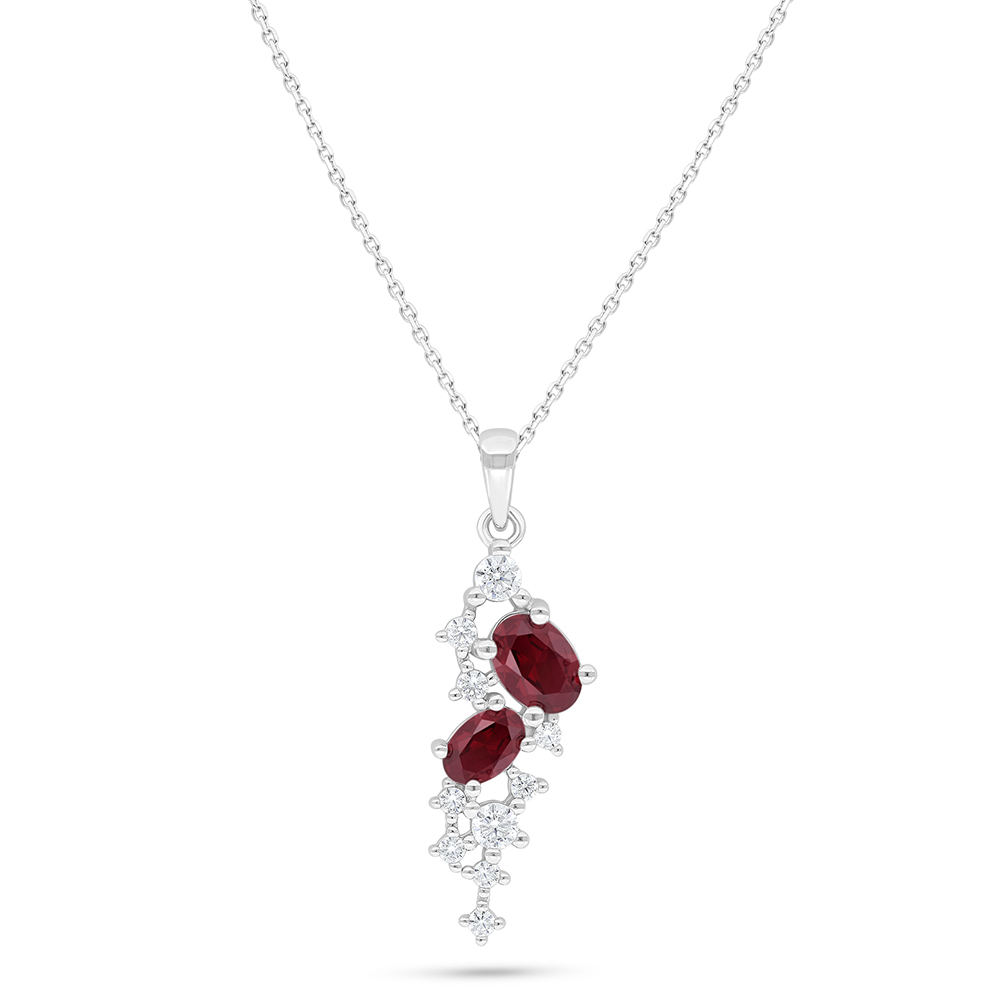 Sterling Silver 925 Necklace Rhodium Plated Embedded With Ruby Corundum And White Zircon