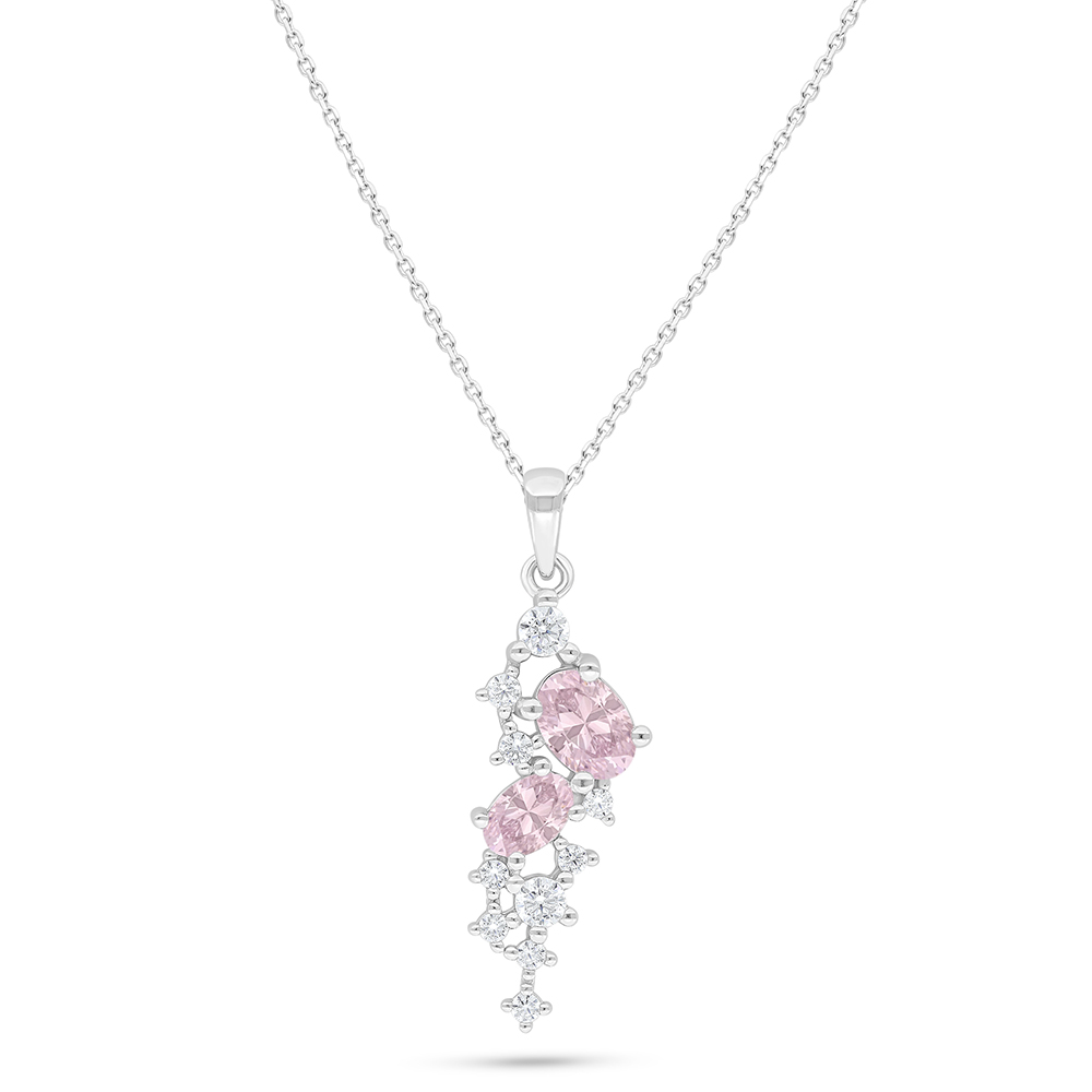 Sterling Silver 925 Necklace Rhodium Plated Embedded With Pink Zircon And White Zircon