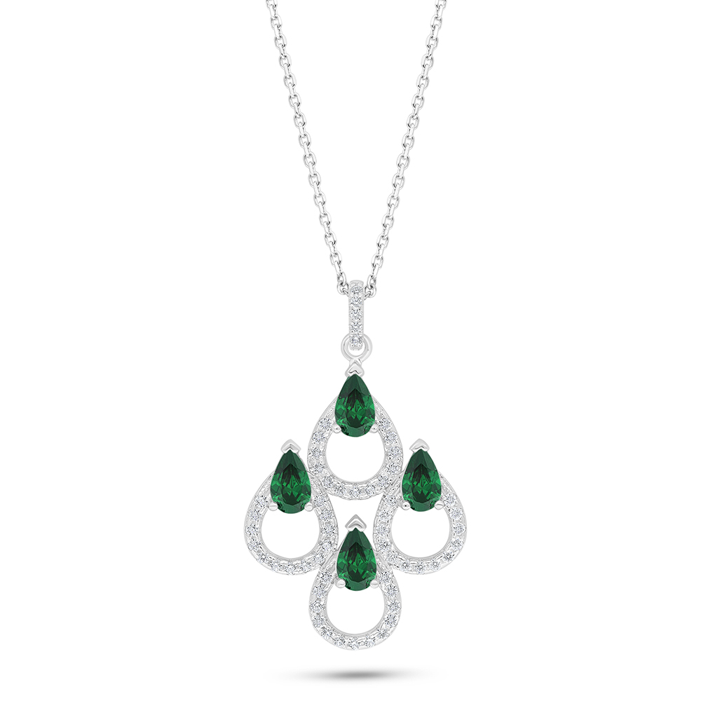 Sterling Silver 925 Necklace Rhodium Plated Embedded With Emerald Zircon And White Zircon