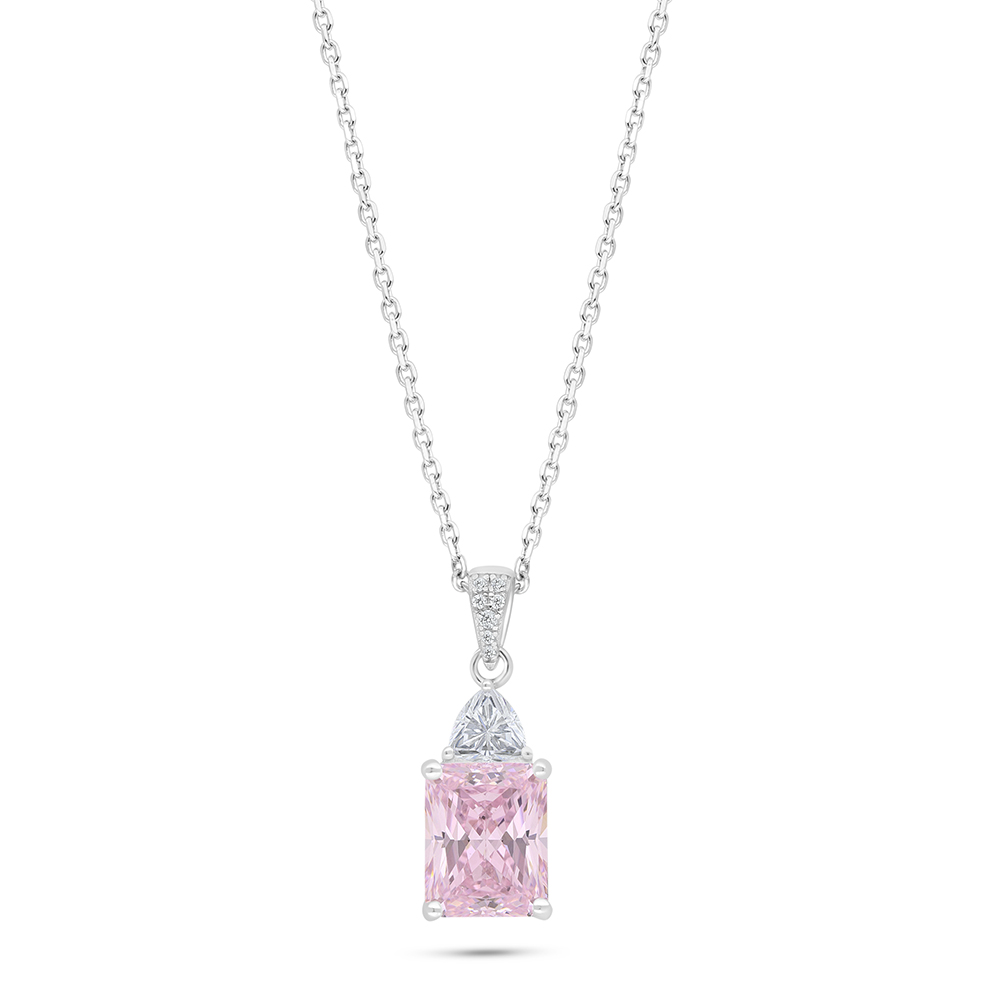 Sterling Silver 925 Necklace Rhodium Plated Embedded With Pink Zircon And White Zircon