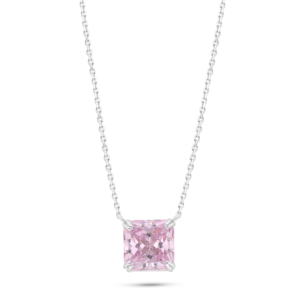 Sterling Silver 925 Necklace Rhodium Plated Embedded With Pink Zircon And White Zircon