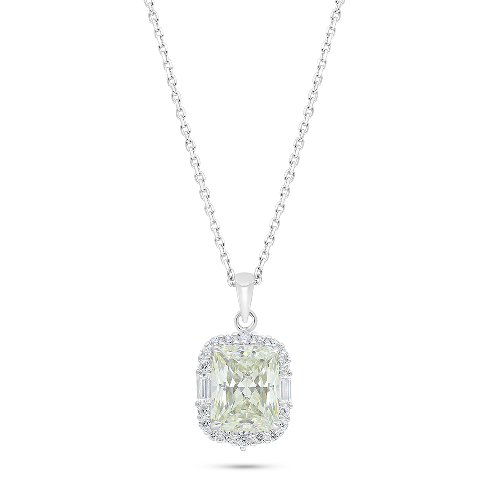 Sterling Silver 925 Necklace Rhodium Plated Embedded With Yellow Diamond And White Zircon