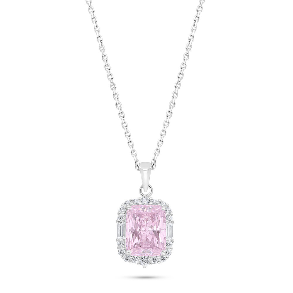 Sterling Silver 925 Necklace Rhodium Plated Embedded With Pink Zircon And White Zircon