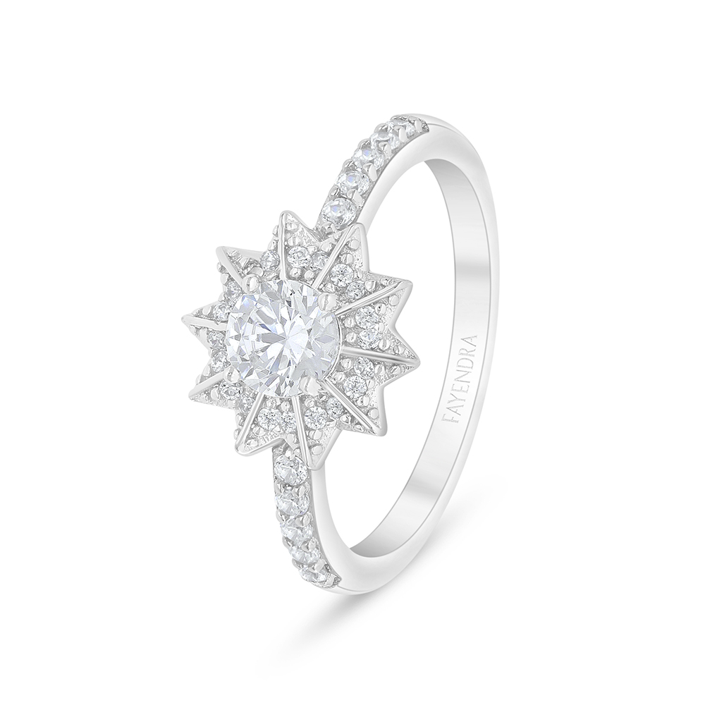 Sterling Silver 925 Ring Rhodium Plated Embedded With White Zircon