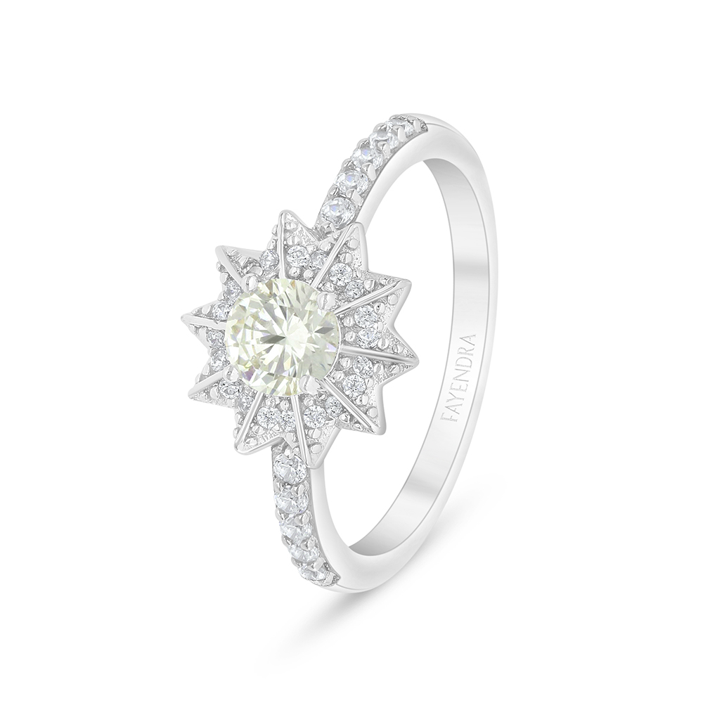 Sterling Silver 925 Ring Rhodium Plated Embedded With Yellow Diamond And White Zircon