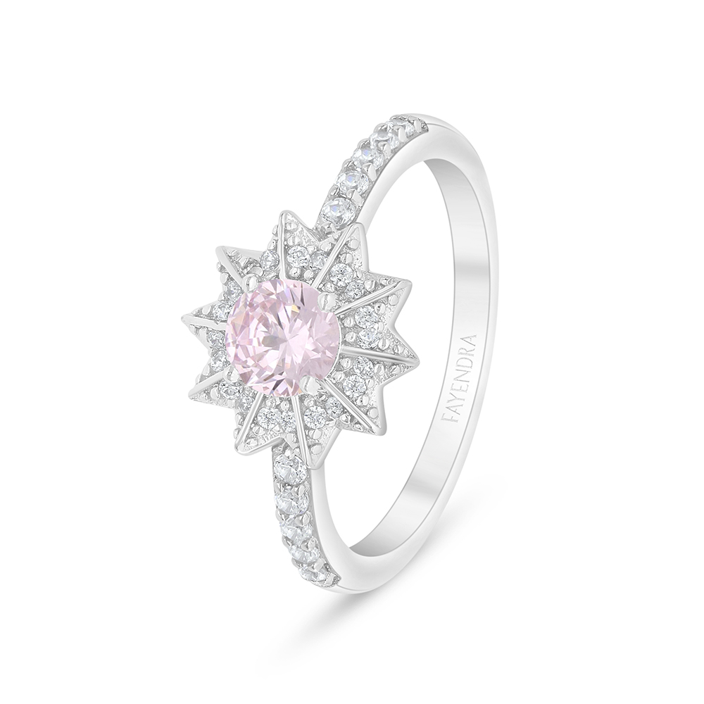 Sterling Silver 925 Ring Rhodium Plated Embedded With Pink Zircon And White Zircon
