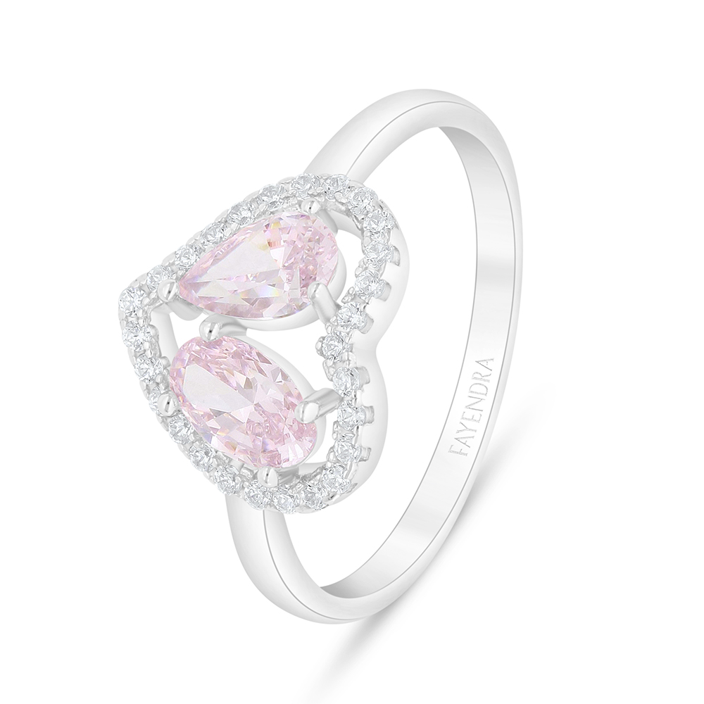 Sterling Silver 925 Ring Rhodium Plated Embedded With Pink Zircon And White Zircon