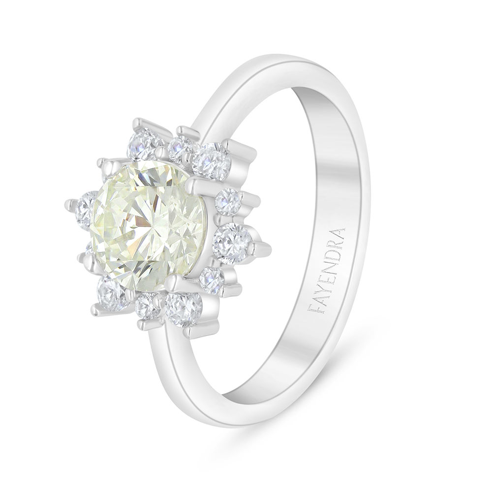 Sterling Silver 925 Ring Rhodium Plated Embedded With Yellow Diamond And White Zircon