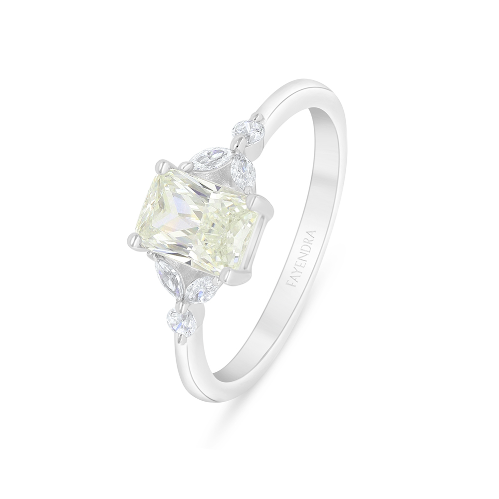 Sterling Silver 925 Ring Rhodium Plated Embedded With Yellow Diamond And White Zircon
