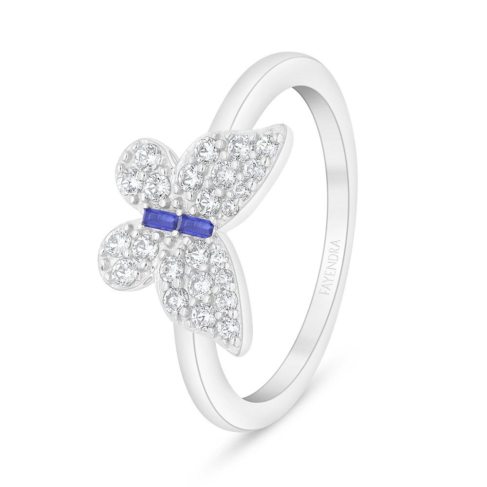 Sterling Silver 925 Ring Rhodium Plated Embedded With Sapphire Corundum And White Zircon