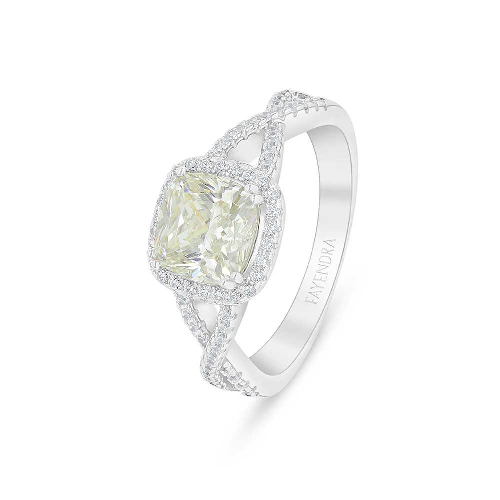 Sterling Silver 925 Ring Rhodium Plated Embedded With Yellow Diamond And White Zircon