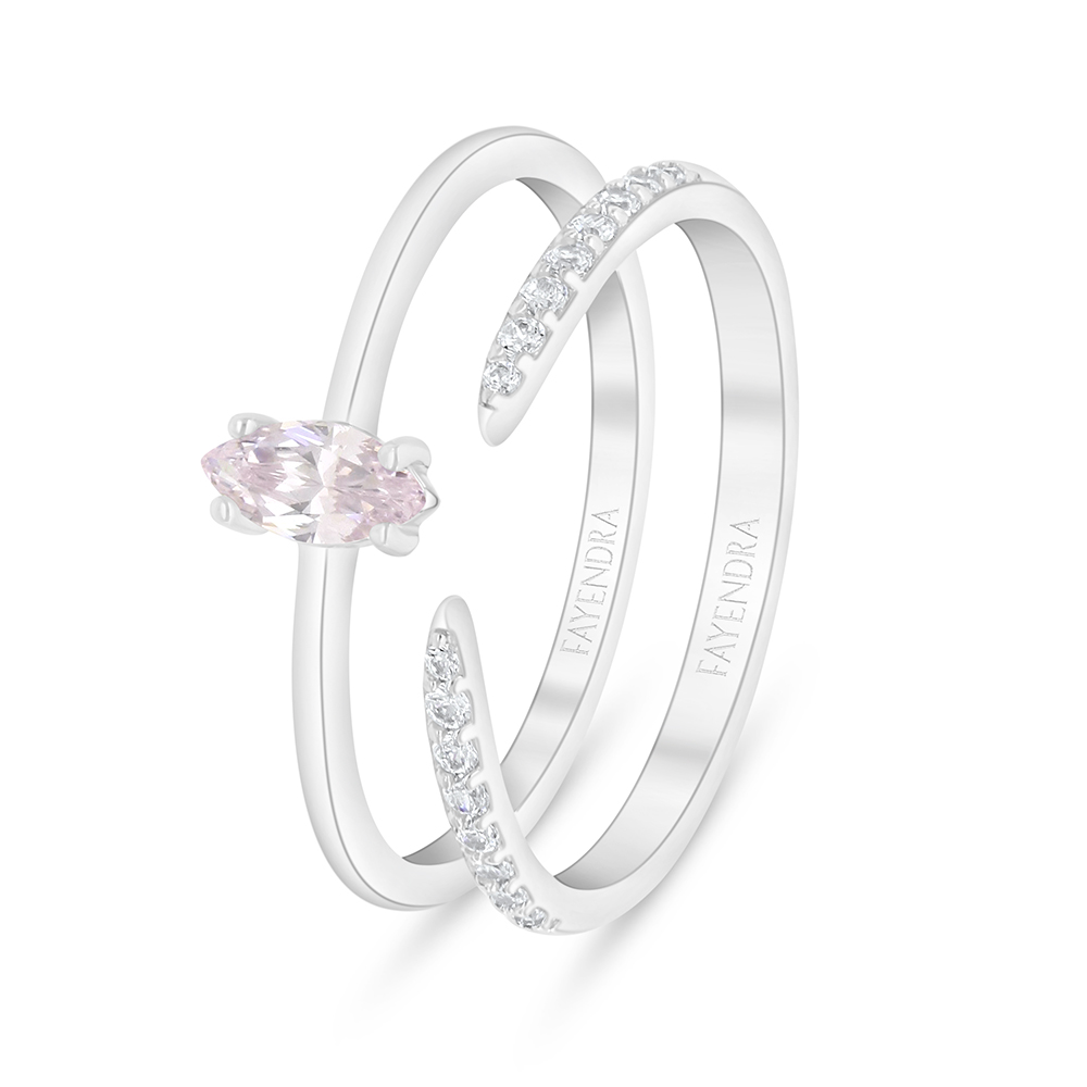 Sterling Silver 925 Ring (Twins) Rhodium Plated Embedded With Pink Zircon 