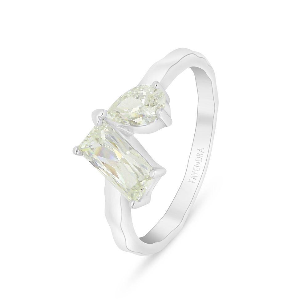 Sterling Silver 925 Ring Rhodium Plated Embedded With Yellow Diamond And White Zircon