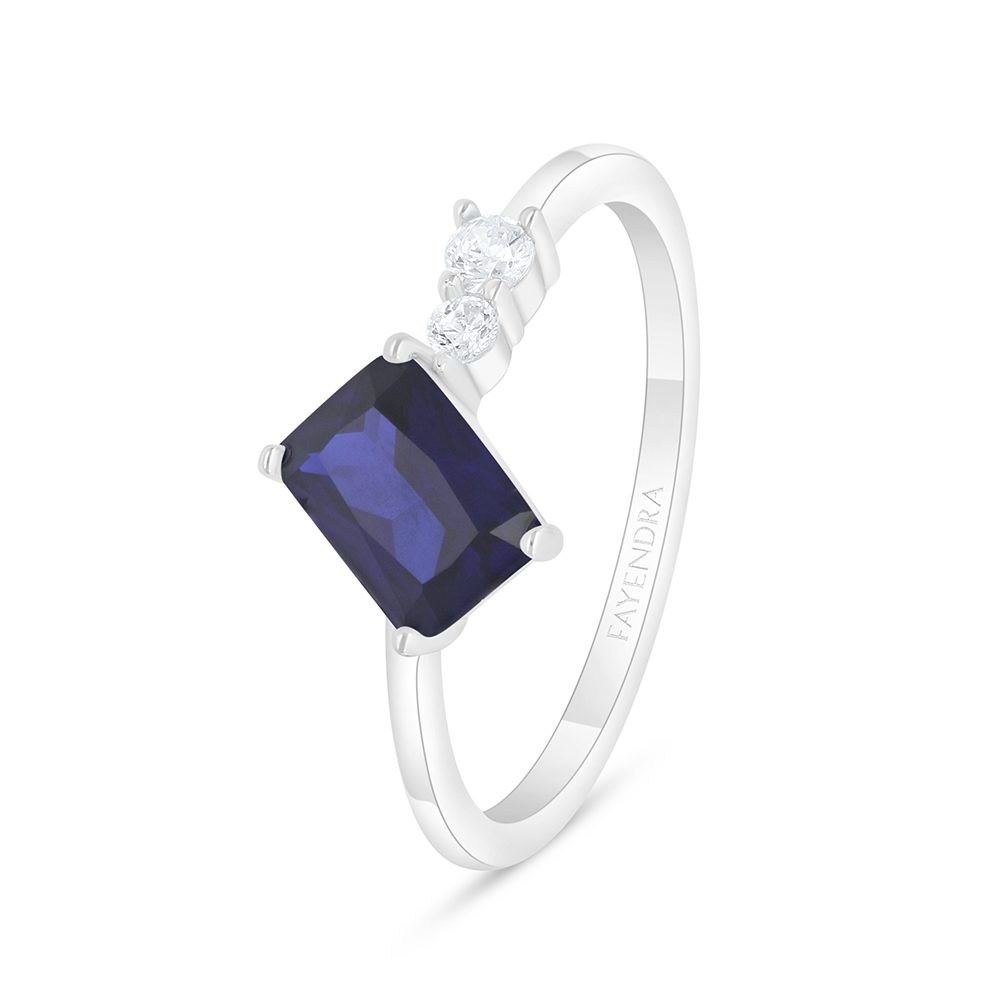 Sterling Silver 925 Ring Rhodium Plated Embedded With Sapphire Corundum And White Zircon