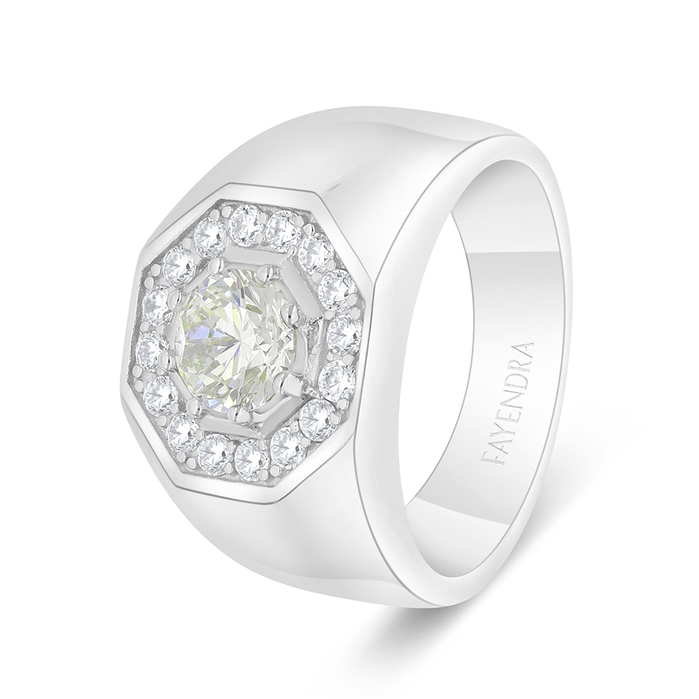 Sterling Silver 925 Ring Rhodium Plated Embedded With Yellow Diamond And White Zircon For Men