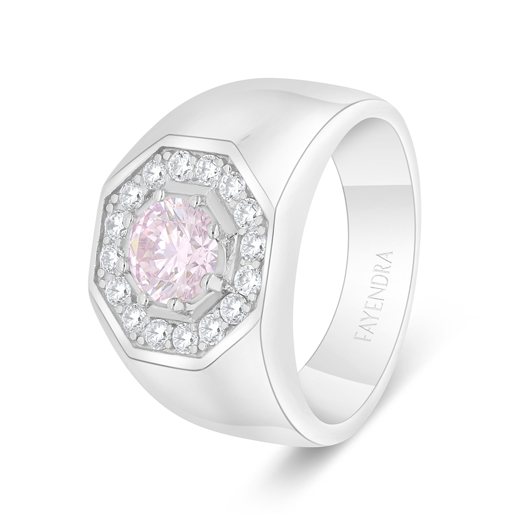 Sterling Silver 925 Ring Rhodium Plated Embedded With Pink  Zircon And White Zircon For Men