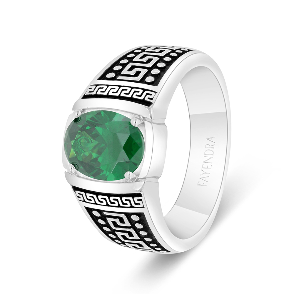 Sterling Silver 925 Ring Rhodium And Black Plated Embedded With Emerald Zircon For Men