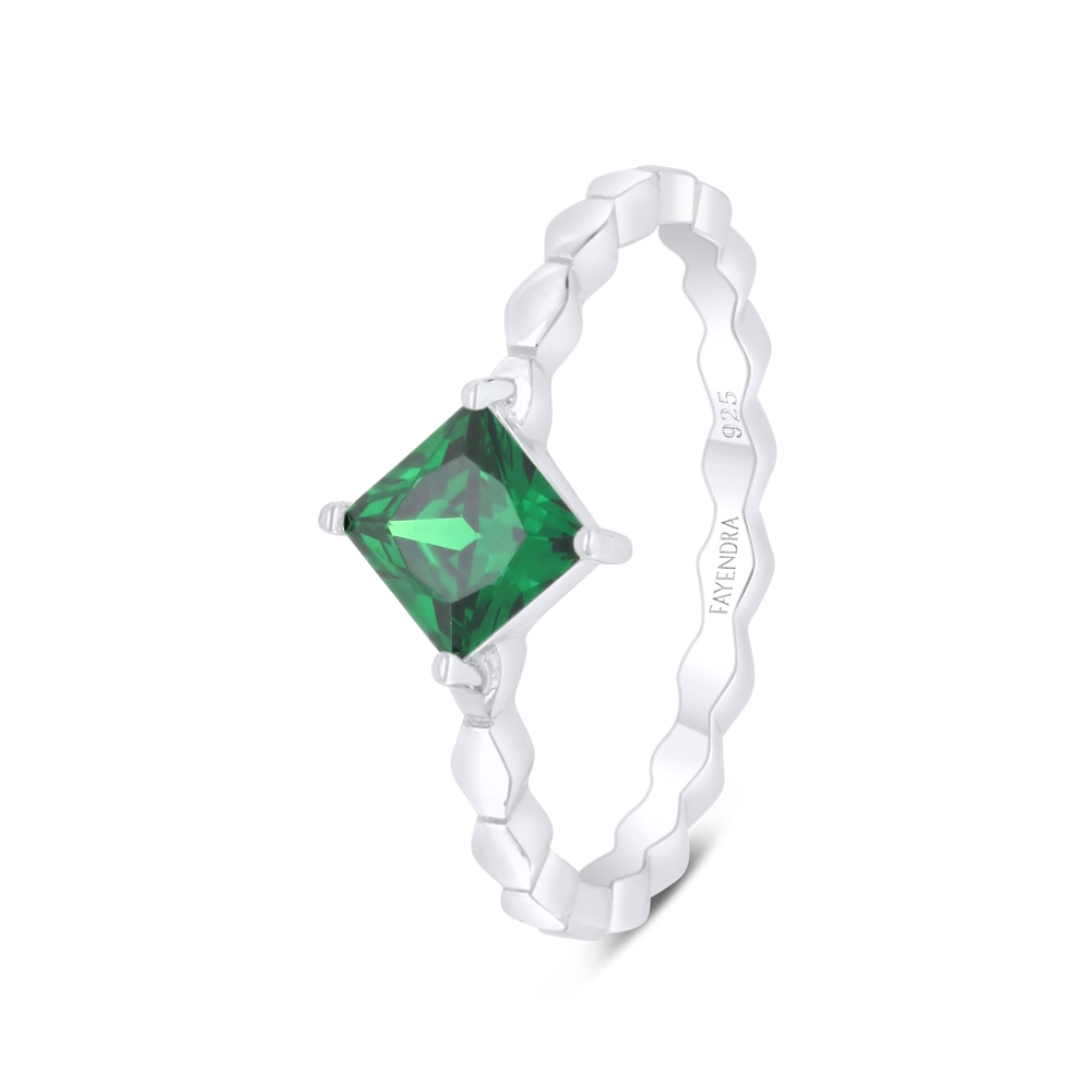 Sterling Silver 925 Ring Rhodium Plated Embedded With Emerald Zircon 