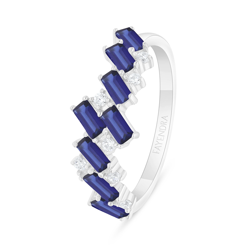 Sterling Silver 925 Ring Rhodium Plated Embedded With Sapphire Corundum And White Zircon