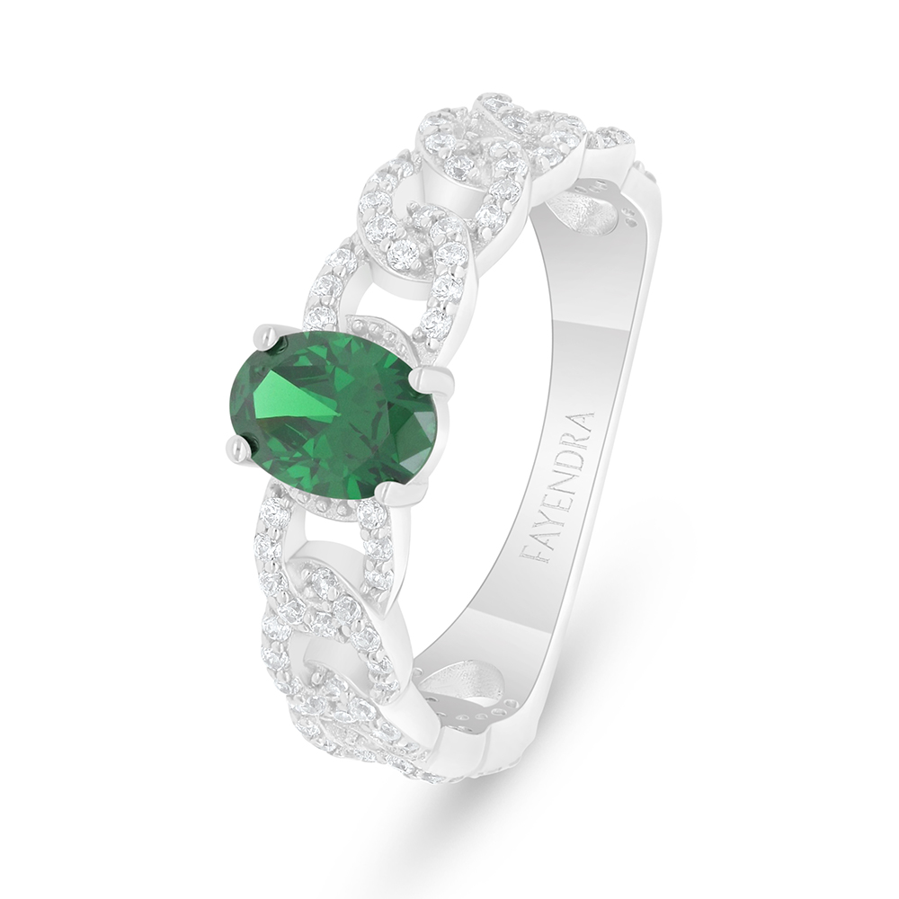 Sterling Silver 925 Ring Rhodium Plated Embedded With Emerald Zircon And White Zircon