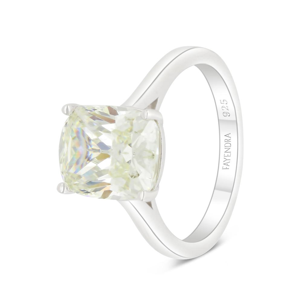 Sterling Silver 925 Ring Rhodium Plated  Embedded With Yellow Diamond And White Zircon