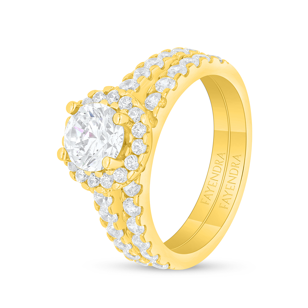 Sterling Silver 925 Ring (Twins) Golden Plated  Embedded With Yellow Diamond And White Zircon