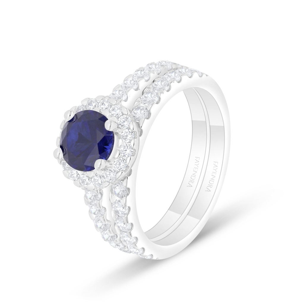 Sterling Silver 925 Ring (Twins) Rhodium Plated Embedded With Sapphire CorundumAnd White Zircon