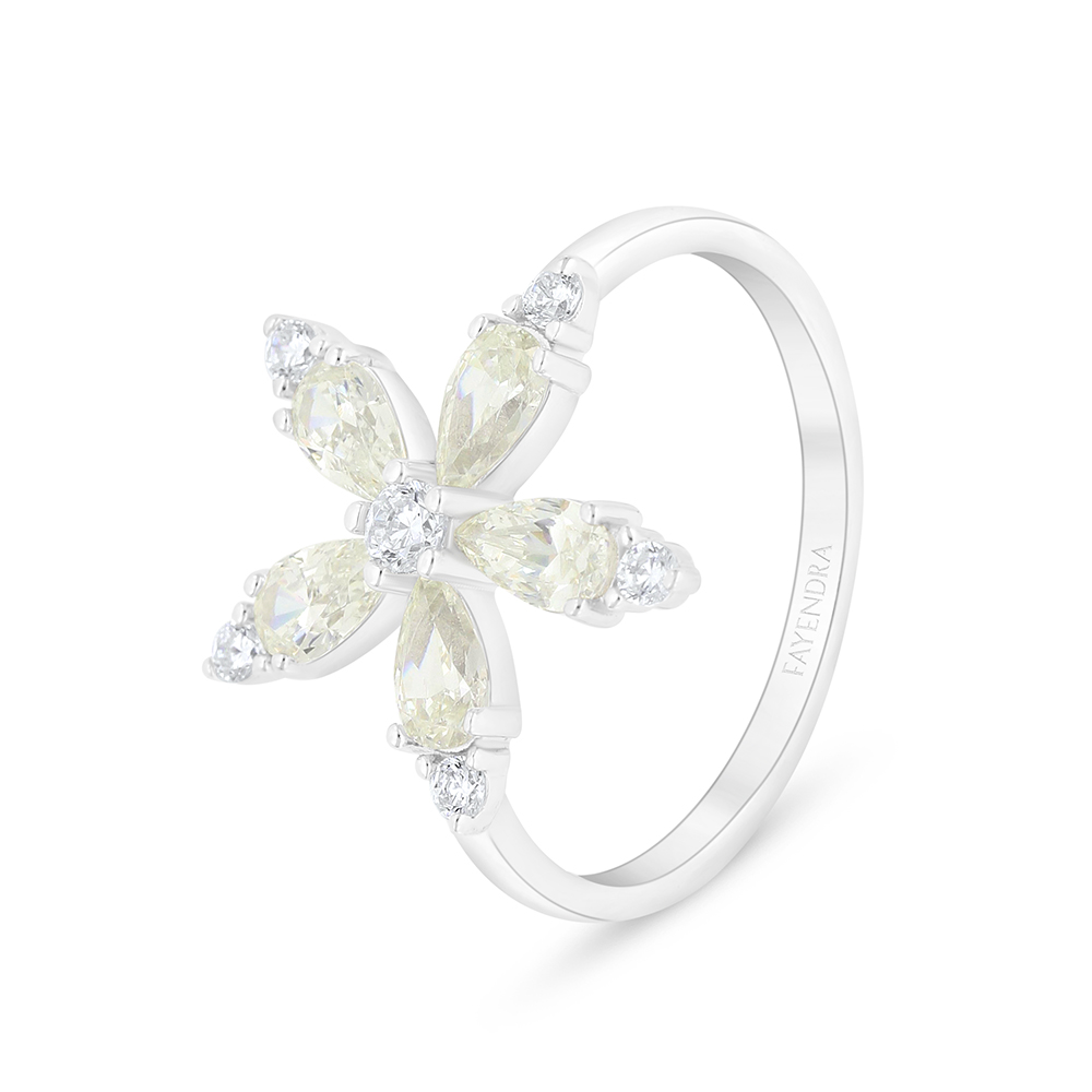 Sterling Silver 925 Ring Rhodium Plated Embedded With Yellow Diamond And White Zircon