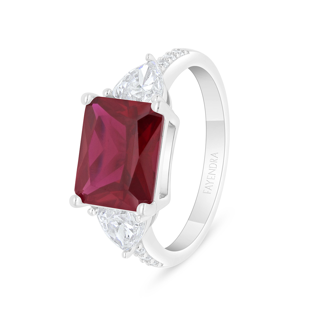 Sterling Silver 925 Ring Rhodium Plated Embedded With Ruby Corundum And White Zircon